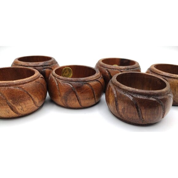 Wooden Napkin Rings Vintage 6 Piece Philippines Rustic Wood Cottagecore Bohemian - Picture 4 of 4
